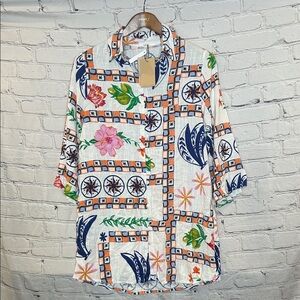 Label of Love Long Sleeve Floral & Fruit Design Shirt Dress Size Small New
